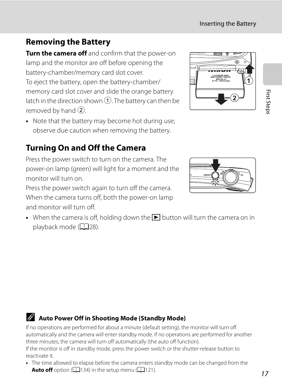 Removing the battery, Turning on and off the camera, Removing the battery turning on and off the camera | Nikon S630 User Manual | Page 29 / 176