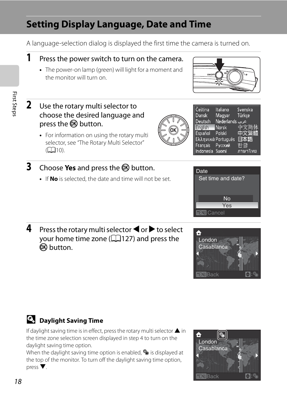 Setting display language, date and time | Nikon S630 User Manual | Page 30 / 176