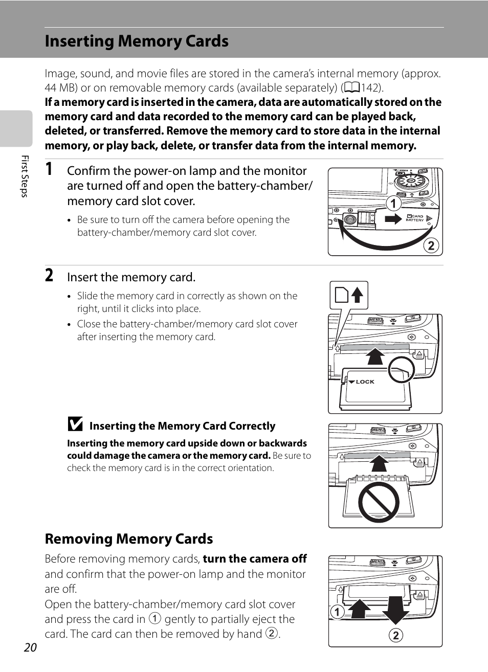 Inserting memory cards, Removing memory cards | Nikon S630 User Manual | Page 32 / 176
