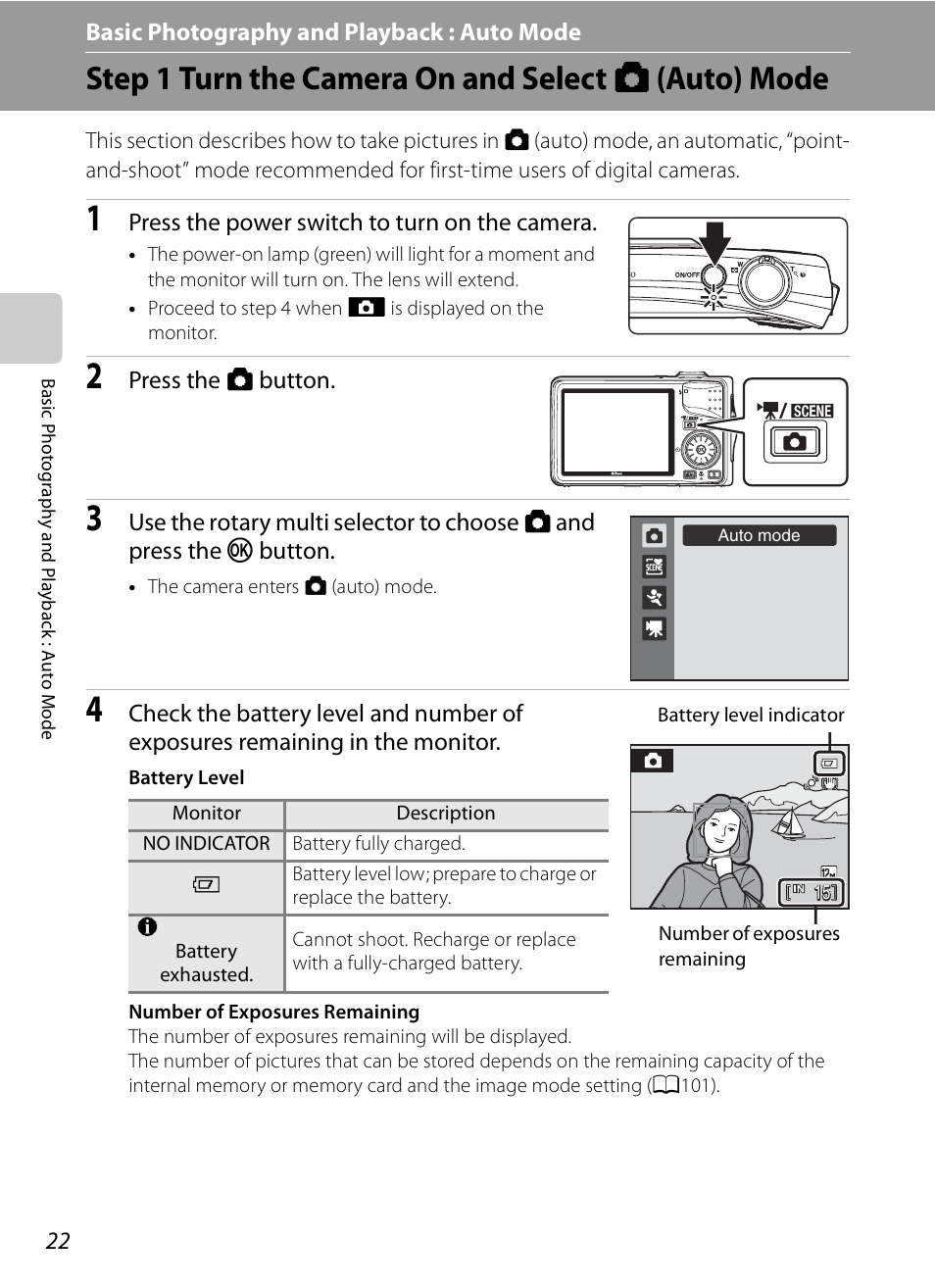 Basic photography and playback : auto mode, Step 1 turn the camera on and select auto mode, A basic photography and playback : auto mode | Step 1 turn the camera on and select a (auto) mode, A22) | Nikon S630 User Manual | Page 34 / 176