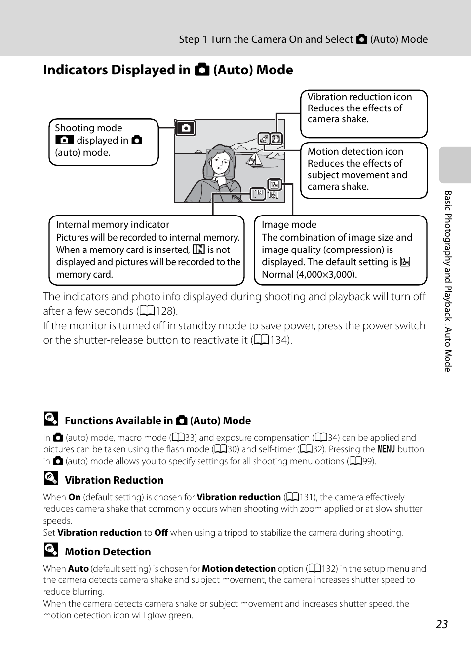 Indicators displayed in auto mode, Indicators displayed in a (auto) mode | Nikon S630 User Manual | Page 35 / 176