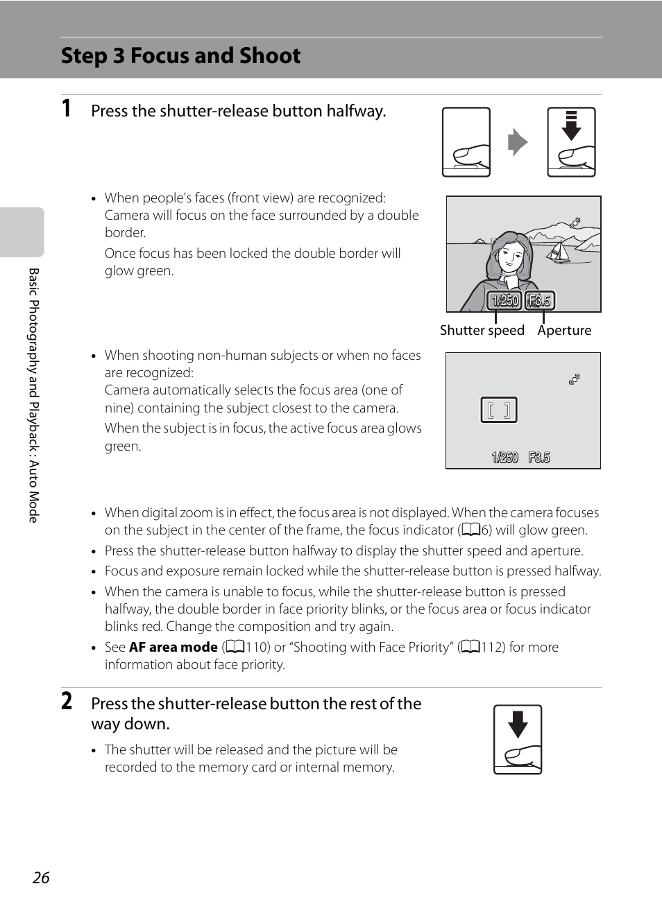 Step 3 focus and shoot, Press the shutter-release button halfway | Nikon S630 User Manual | Page 38 / 176