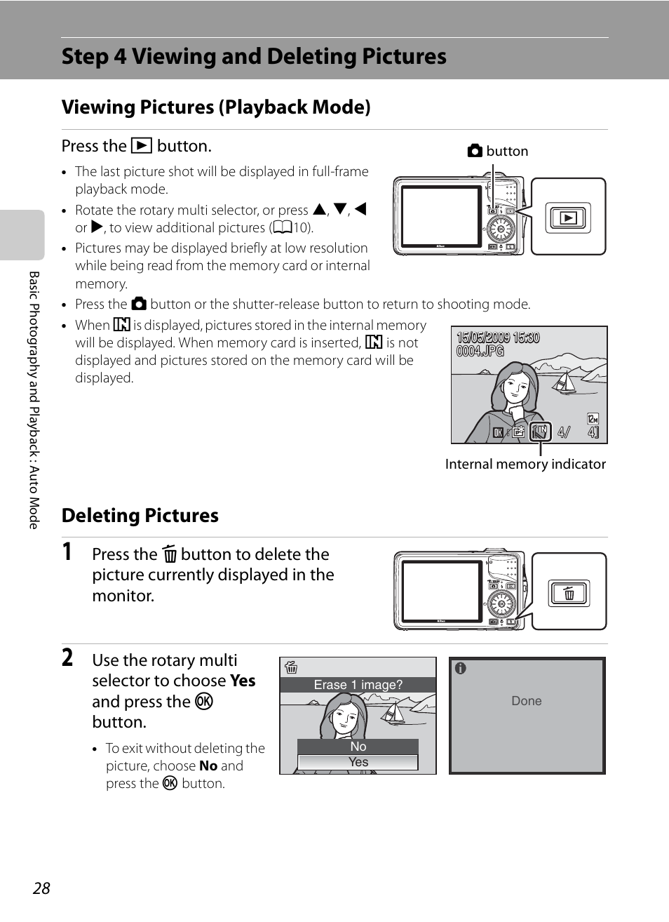 Step 4 viewing and deleting pictures, Viewing pictures (playback mode), Deleting pictures | Viewing pictures (playback mode) deleting pictures, A28) | Nikon S630 User Manual | Page 40 / 176