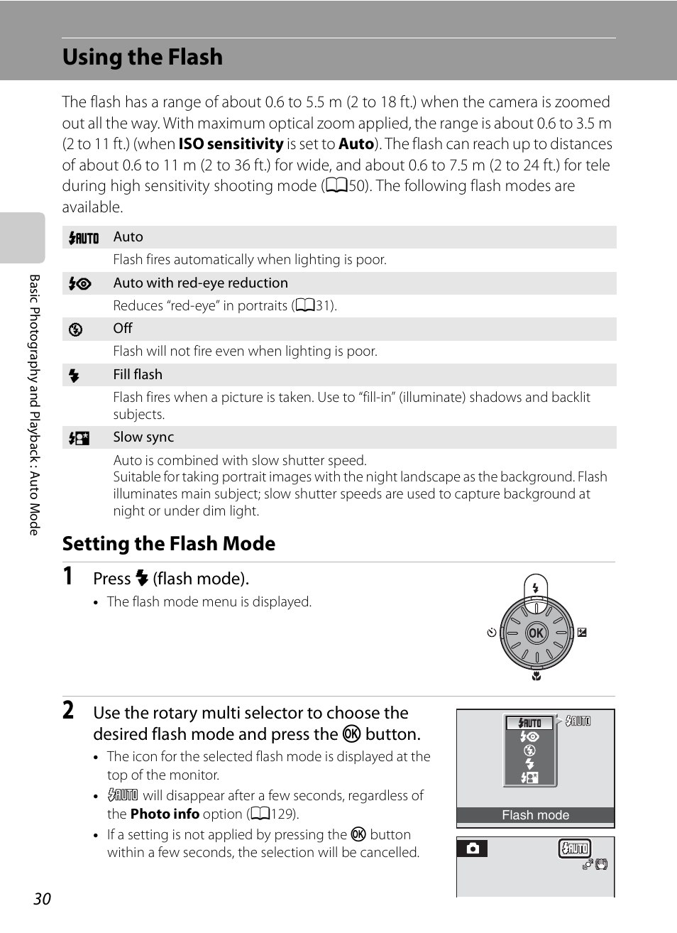 Using the flash, Setting the flash mode, A30) men | A30), Press x (flash mode) | Nikon S630 User Manual | Page 42 / 176