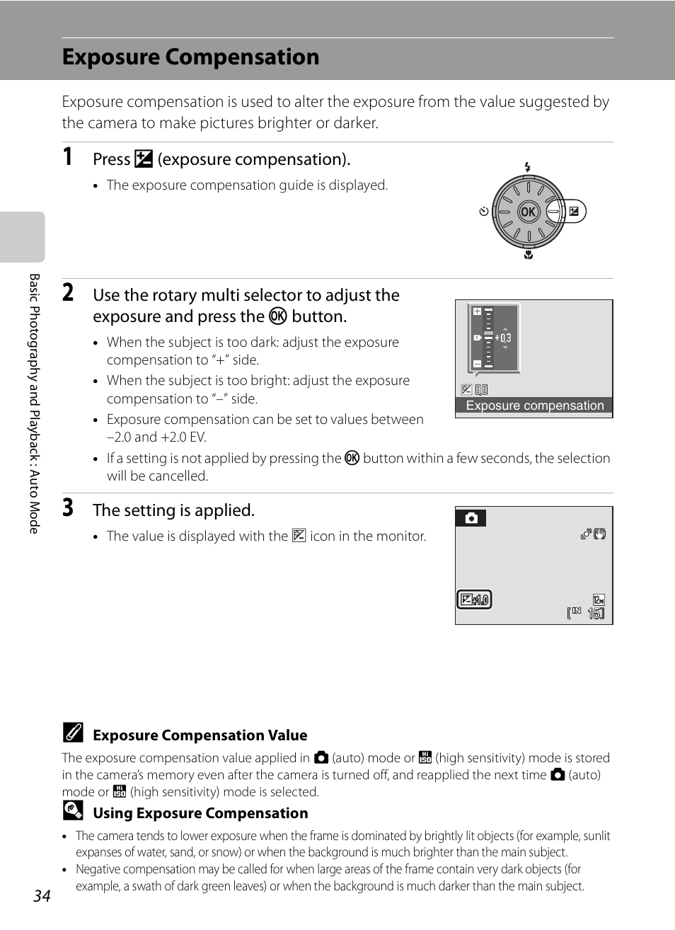 Exposure compensation, A34) gu, A34) | Nikon S630 User Manual | Page 46 / 176