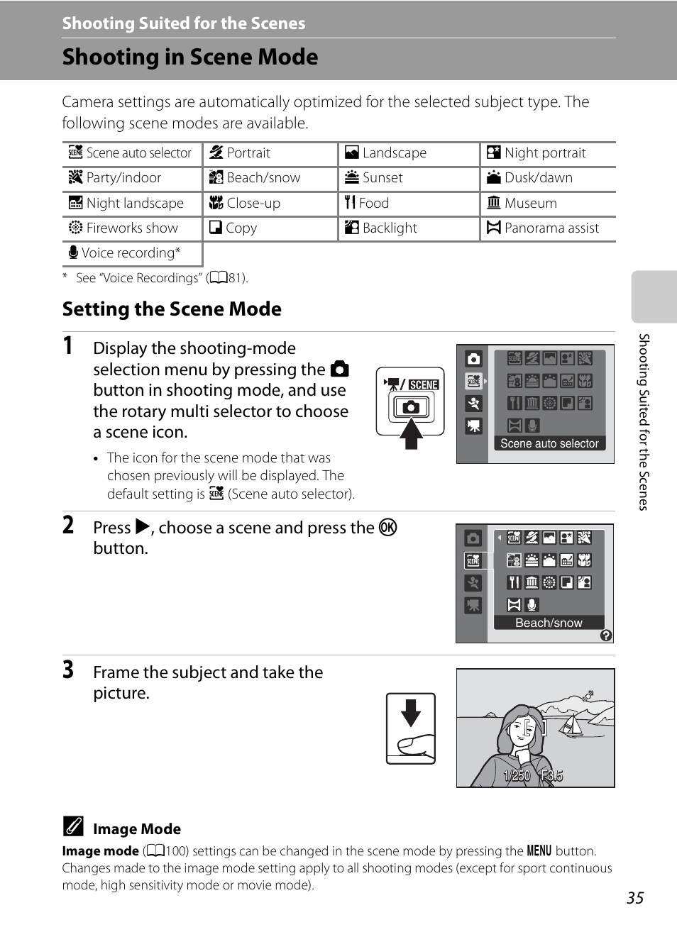 Shooting suited for the scenes, Shooting in scene mode, Setting the scene mode | C shooting suited for the scenes, A35) | Nikon S630 User Manual | Page 47 / 176