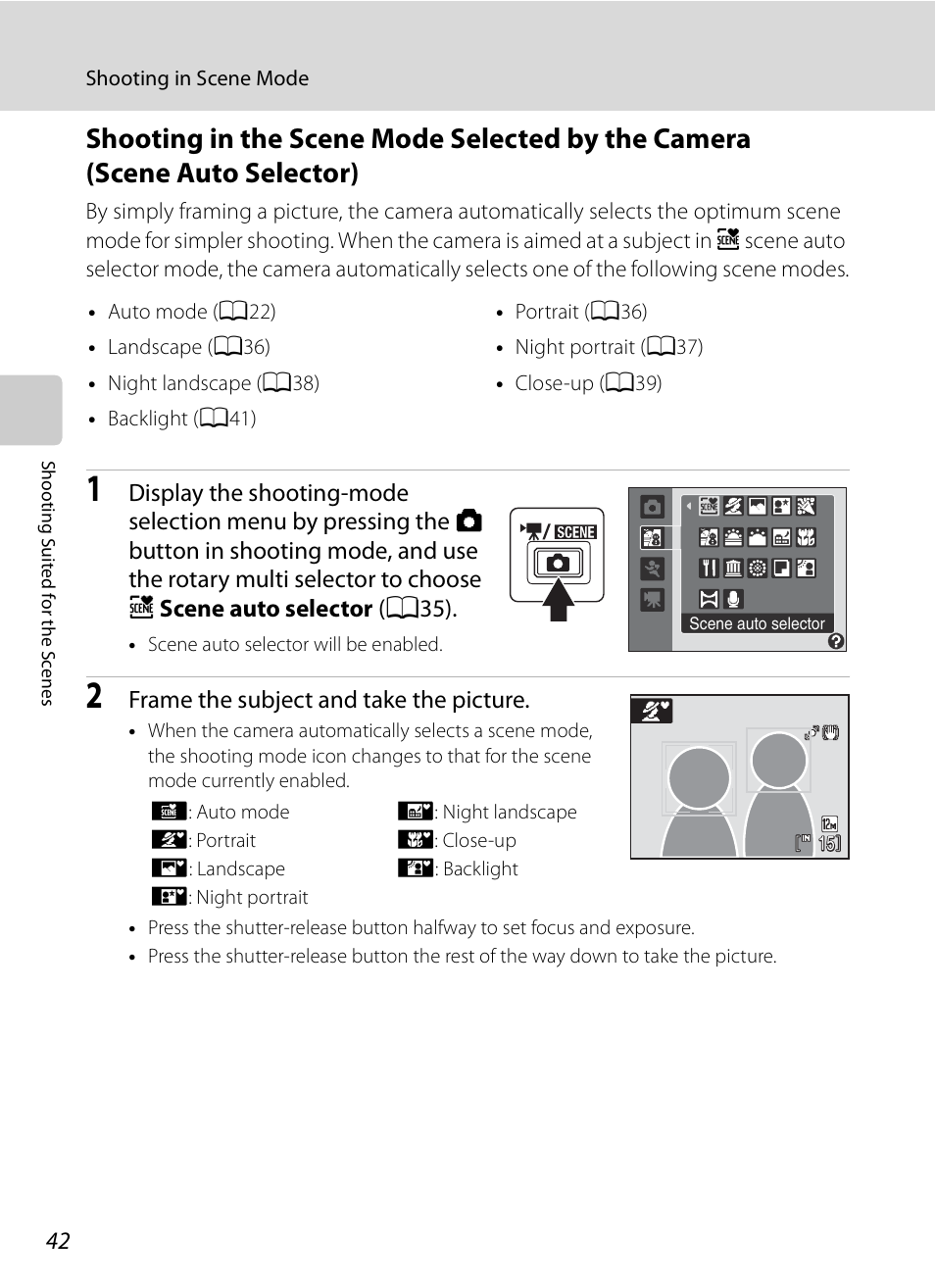 A42) f, Frame the subject and take the picture | Nikon S630 User Manual | Page 54 / 176