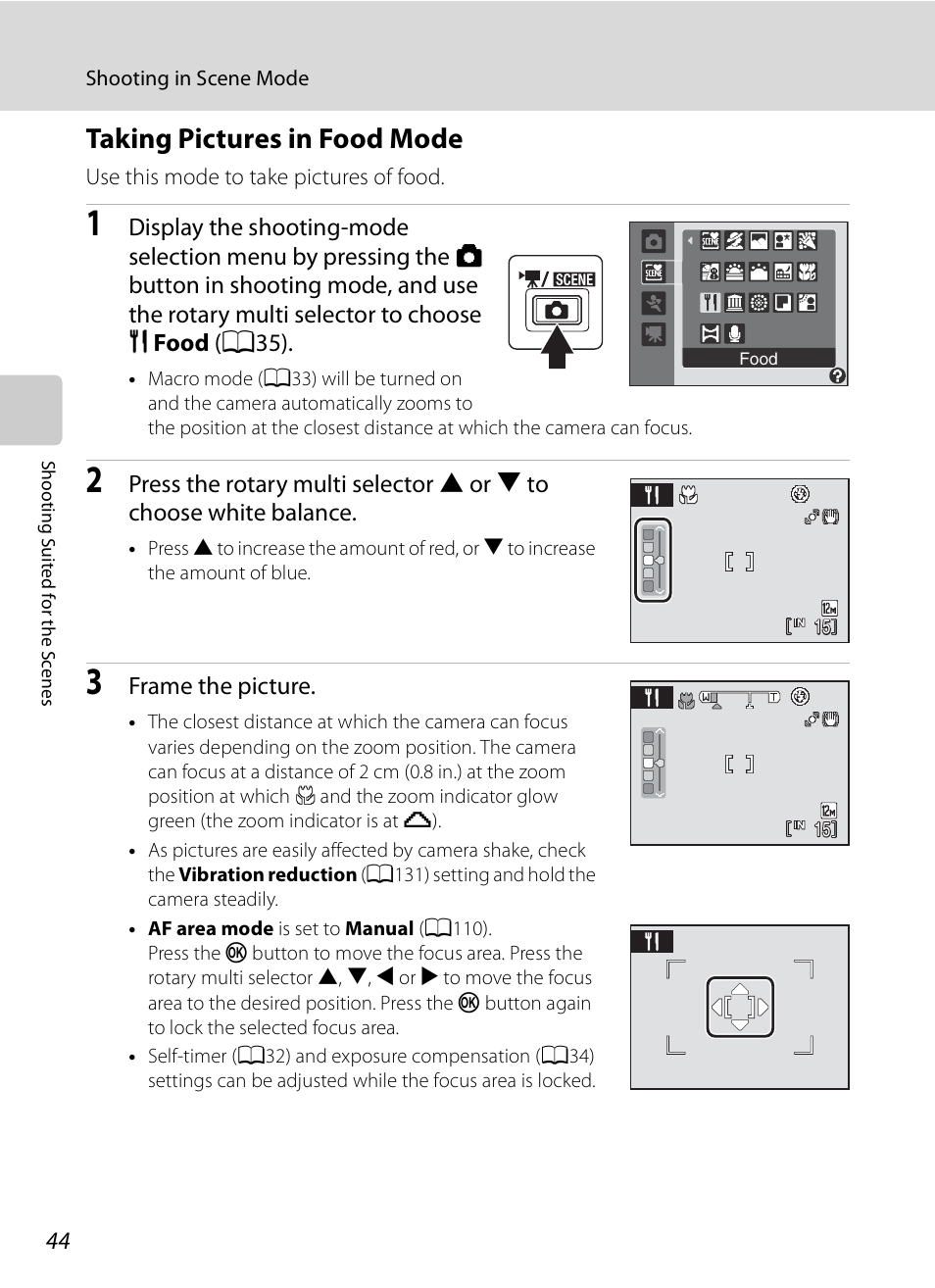 Taking pictures in food mode, A44), Frame the picture | Nikon S630 User Manual | Page 56 / 176