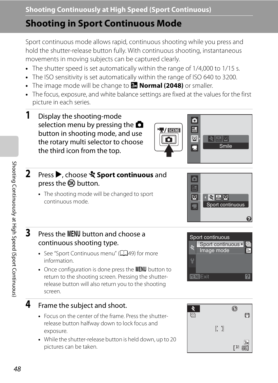 Shooting in sport continuous mode | Nikon S630 User Manual | Page 60 / 176