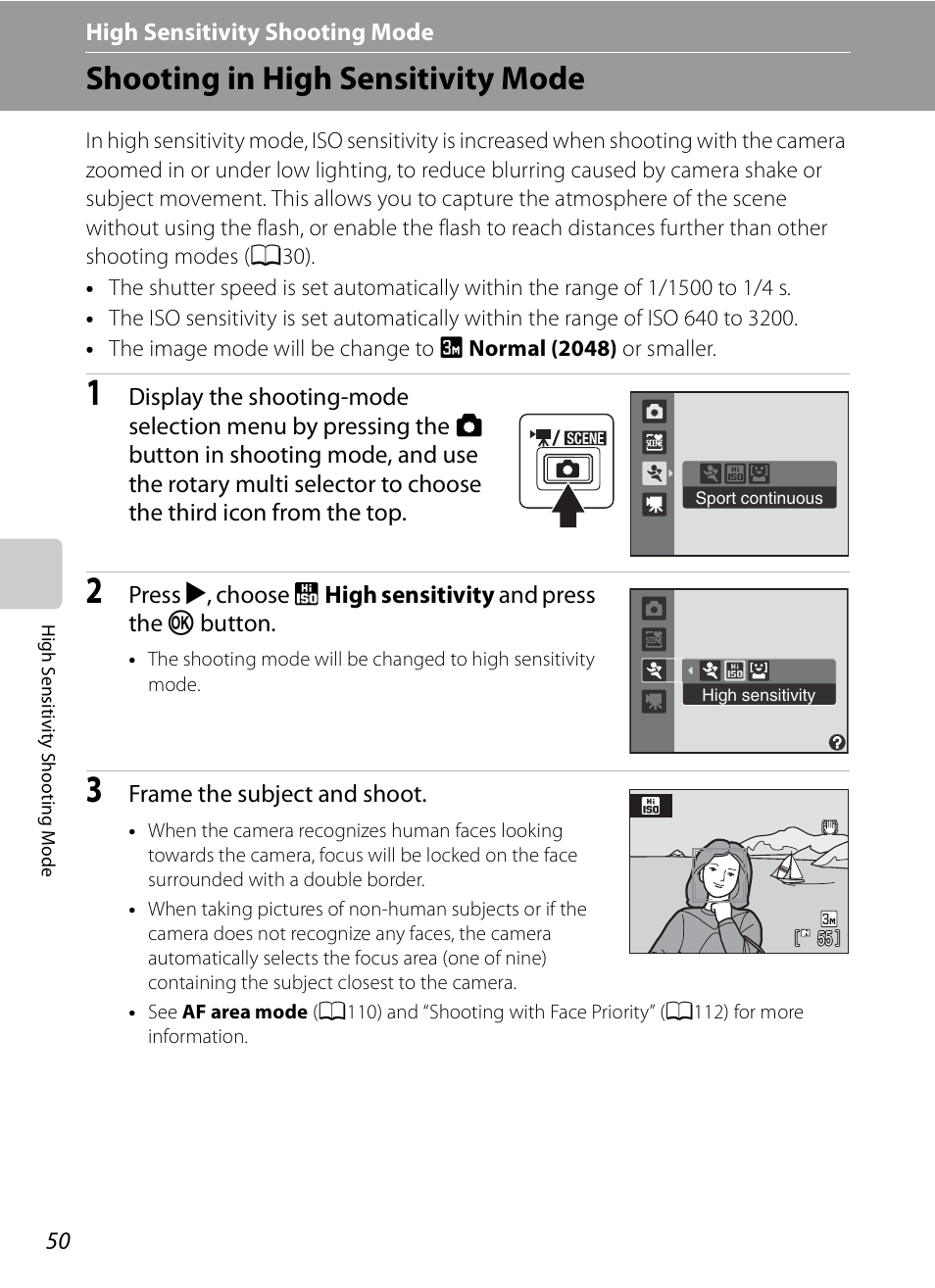 High sensitivity shooting mode, Shooting in high sensitivity mode, B high sensitivity shooting mode | A50) | Nikon S630 User Manual | Page 62 / 176