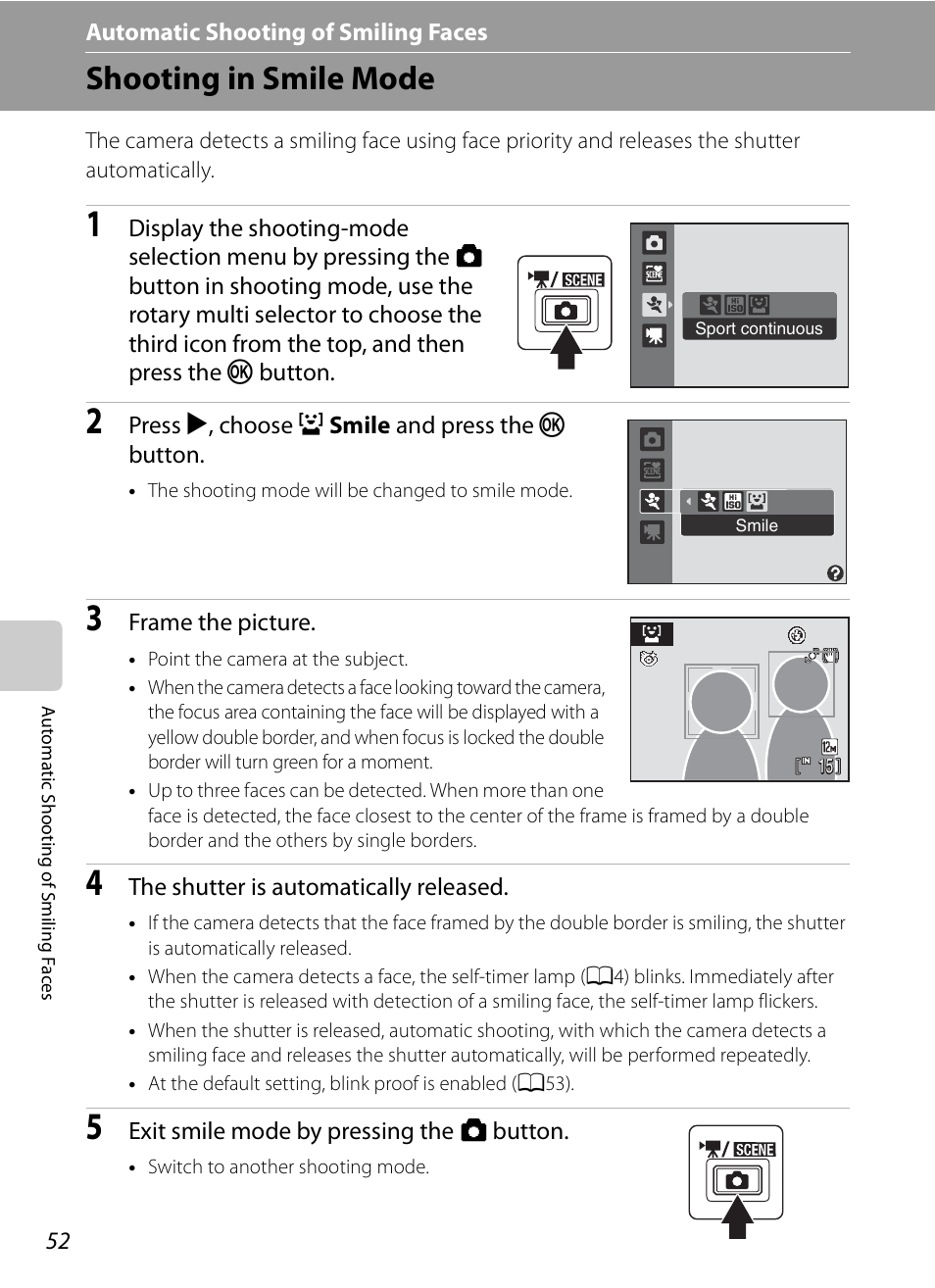 Automatic shooting of smiling faces, Shooting in smile mode, A automatic shooting of smiling faces | A52) | Nikon S630 User Manual | Page 64 / 176