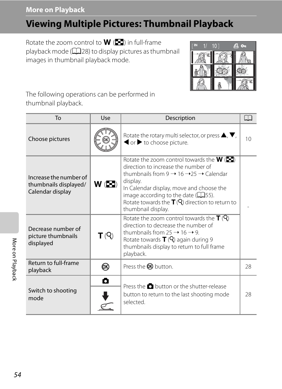 More on playback, Viewing multiple pictures: thumbnail playback, C more on playback | F (h), G (i) | Nikon S630 User Manual | Page 66 / 176