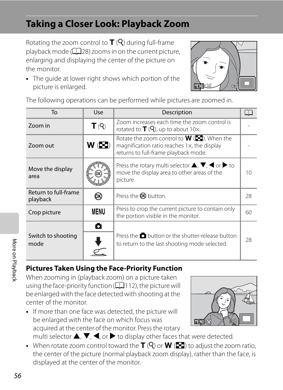 Taking a closer look: playback zoom, Pictures taken using the face-priority function, F (h) | Nikon S630 User Manual | Page 68 / 176