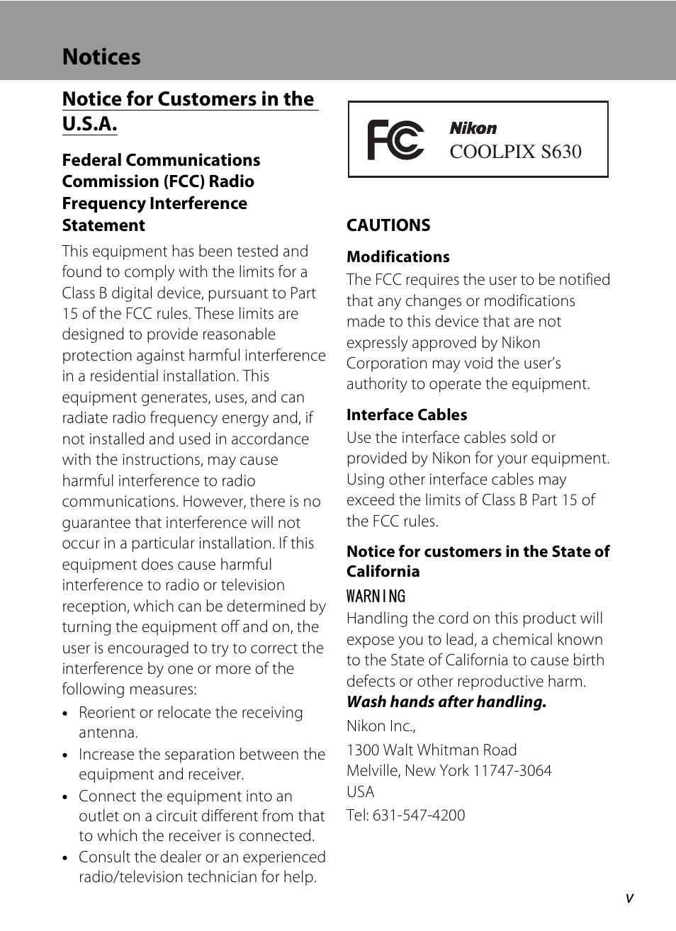 Notices, Notice for customers in the u.s.a, Coolpix s630 | Nikon S630 User Manual | Page 7 / 176