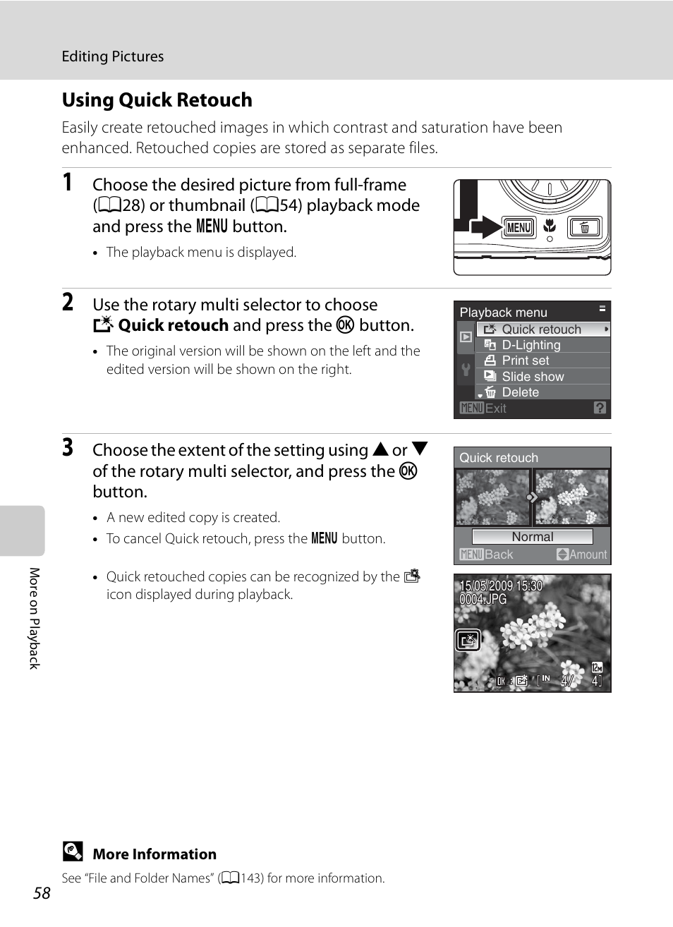 Using quick retouch, A58) | Nikon S630 User Manual | Page 70 / 176