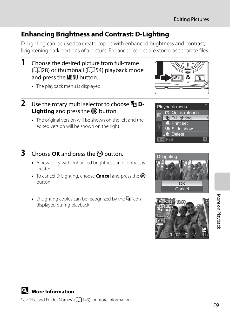 Enhancing brightness and contrast: d-lighting, A59) | Nikon S630 User Manual | Page 71 / 176