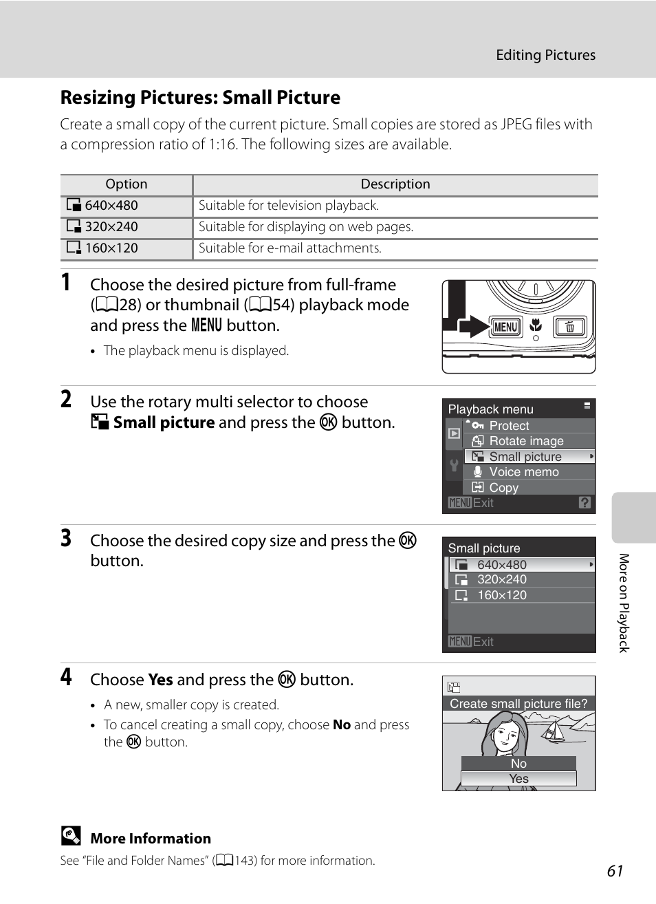 Resizing pictures: small picture, A61) | Nikon S630 User Manual | Page 73 / 176