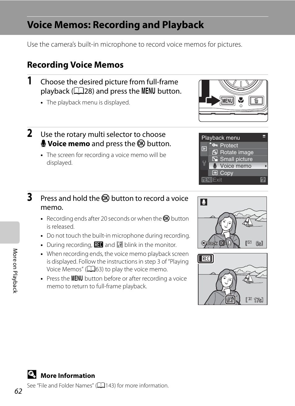 Voice memos: recording and playback, Recording voice memos | Nikon S630 User Manual | Page 74 / 176