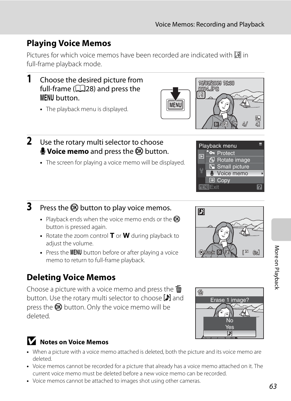 Playing voice memos, Deleting voice memos, Playing voice memos deleting voice memos | A63) | Nikon S630 User Manual | Page 75 / 176