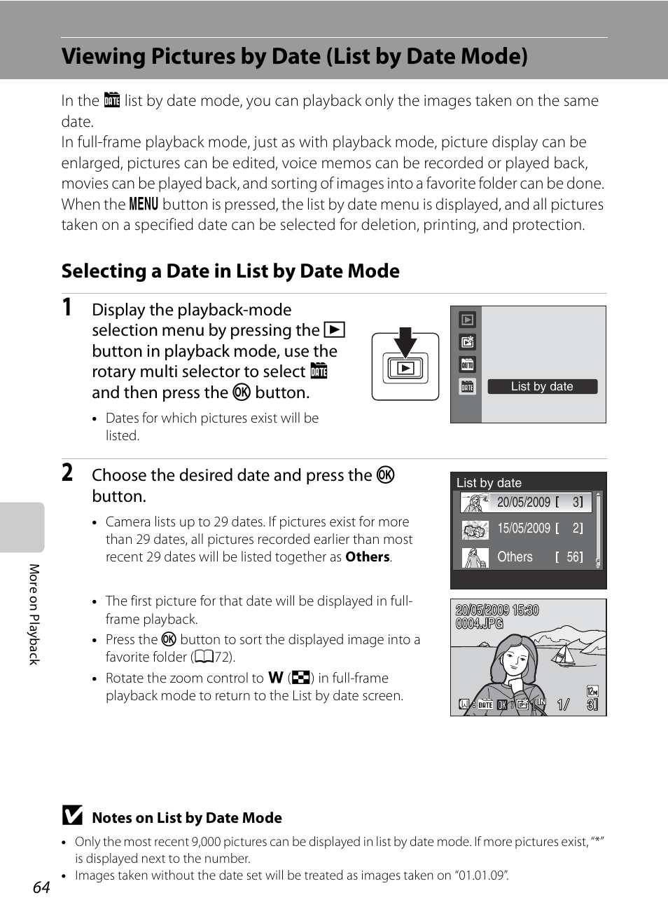 Viewing pictures by date (list by date mode), Selecting a date in list by date mode, A64) | Nikon S630 User Manual | Page 76 / 176