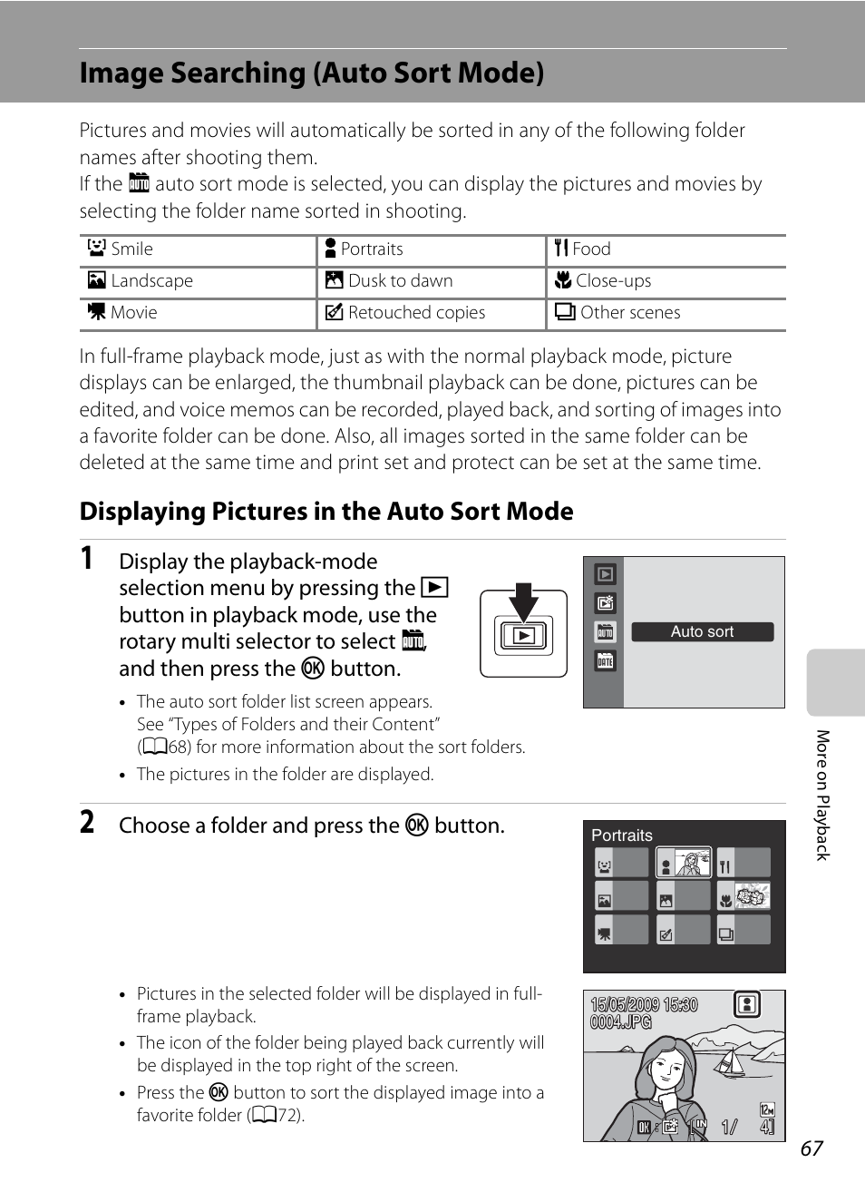Image searching (auto sort mode), Displaying pictures in the auto sort mode, A67) | Nikon S630 User Manual | Page 79 / 176