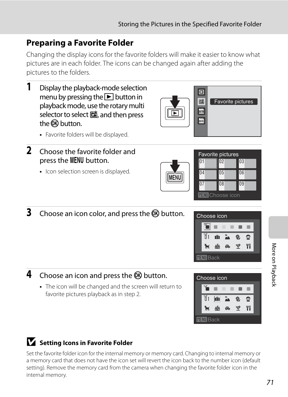 Preparing a favorite folder, A71) | Nikon S630 User Manual | Page 83 / 176