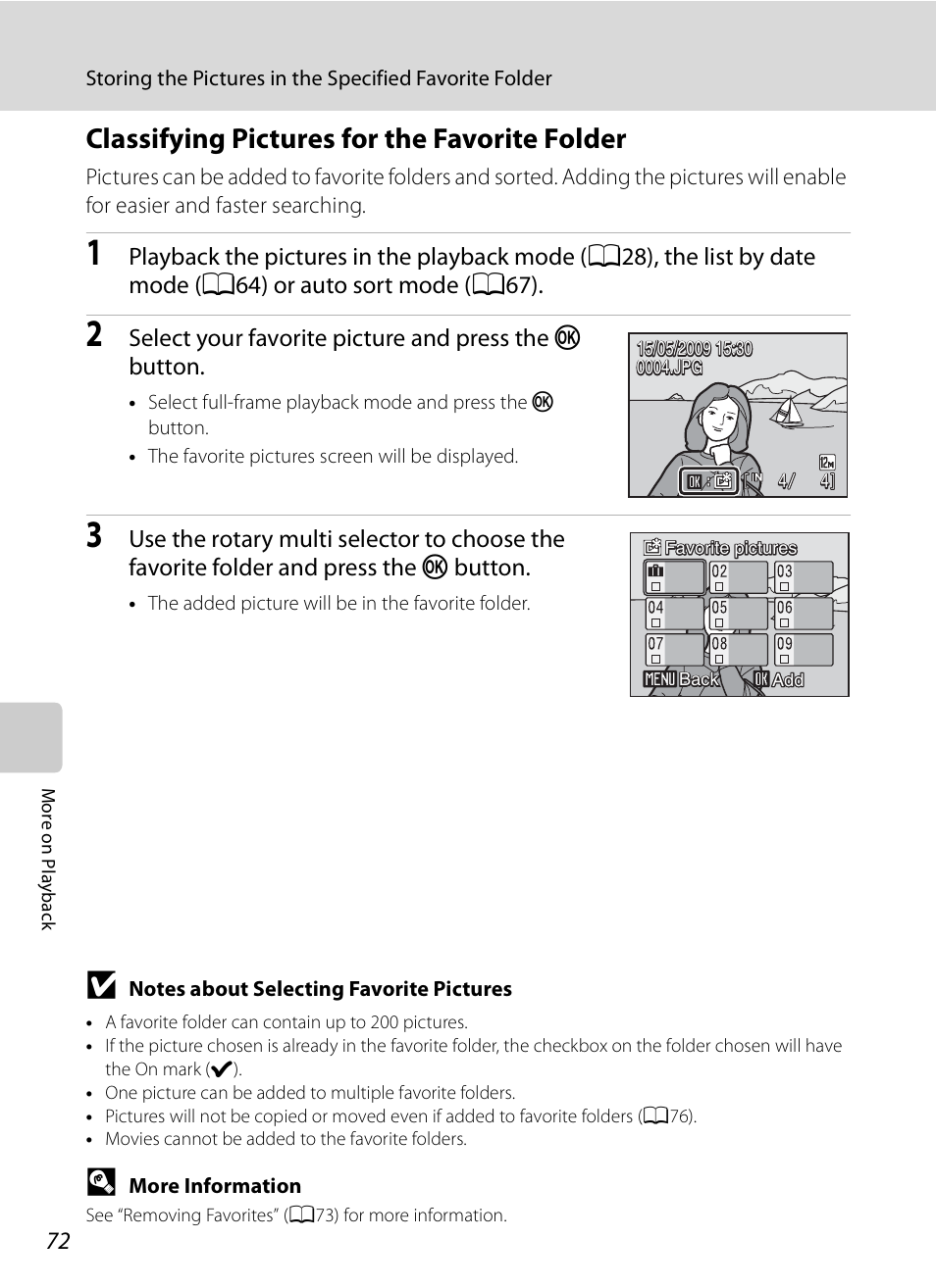 Classifying pictures for the favorite folder, A72) | Nikon S630 User Manual | Page 84 / 176