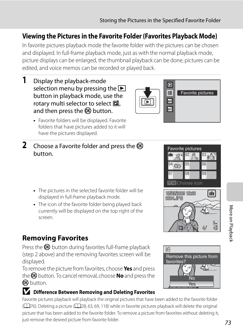 Removing favorites, A73), See “removing favorites | Choose a favorite folder and press the k button | Nikon S630 User Manual | Page 85 / 176