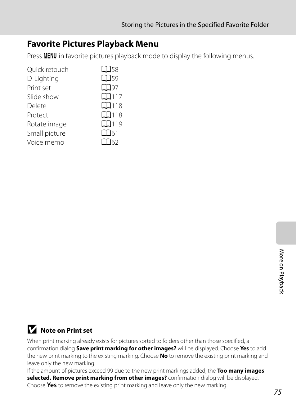 Favorite pictures playback menu, A75) | Nikon S630 User Manual | Page 87 / 176