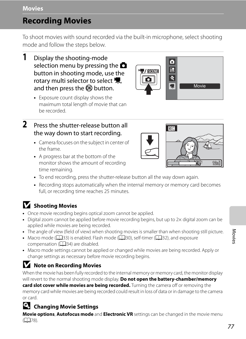 Movies, Recording movies, D movies | A77) c, A77) | Nikon S630 User Manual | Page 89 / 176