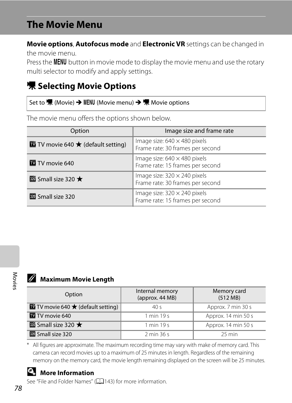 The movie menu, Selecting movie options, D selecting movie options | Nikon S630 User Manual | Page 90 / 176
