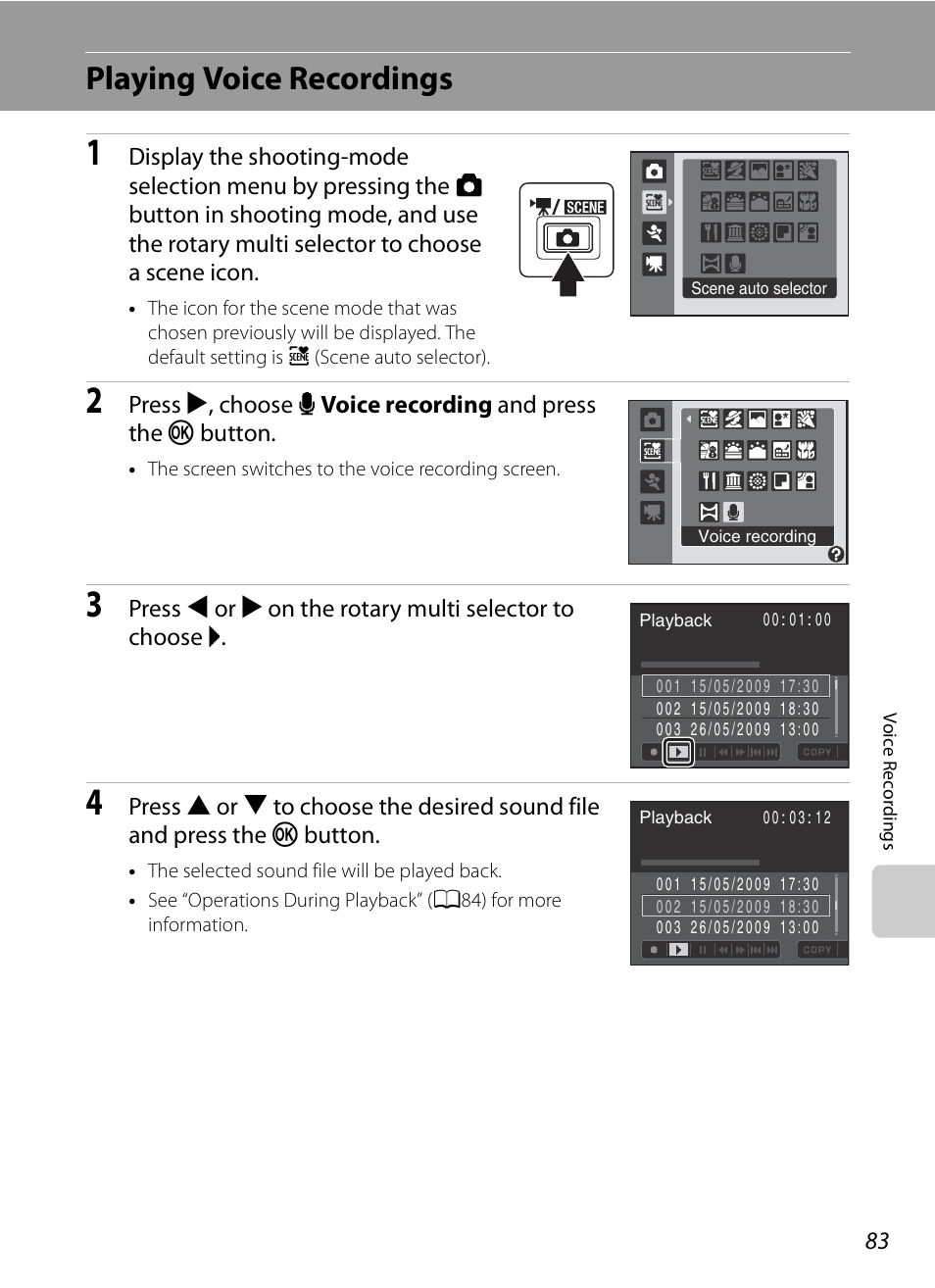 Playing voice recordings | Nikon S630 User Manual | Page 95 / 176