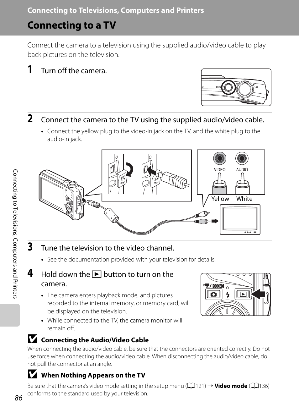 Connecting to televisions, computers and printers, Connecting to a tv | Nikon S630 User Manual | Page 98 / 176