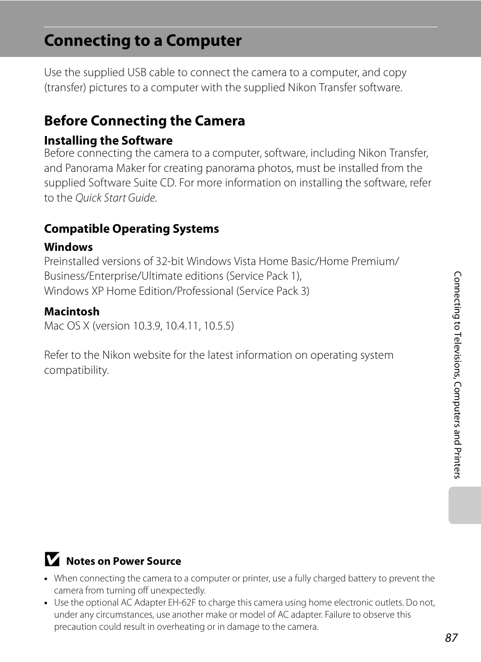 Connecting to a computer, Before connecting the camera, Installing the software | Compatible operating systems | Nikon S630 User Manual | Page 99 / 176