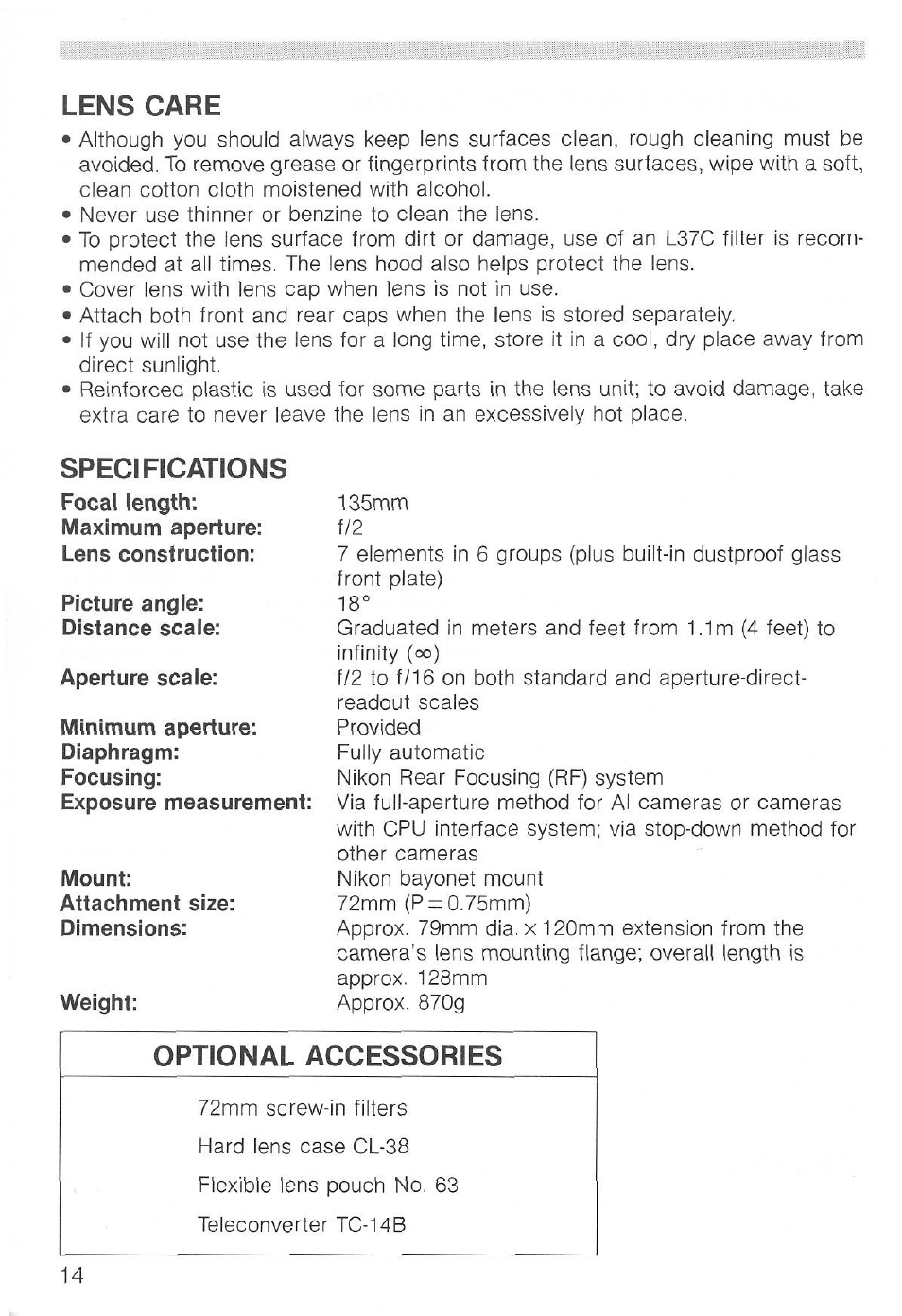 Minimum aperture lock, Using built-in lens hood, Recommended focusing screen | Nikon AI-S AF DC-NIKKOR 135mm f-2 User Manual | Page 14 / 41