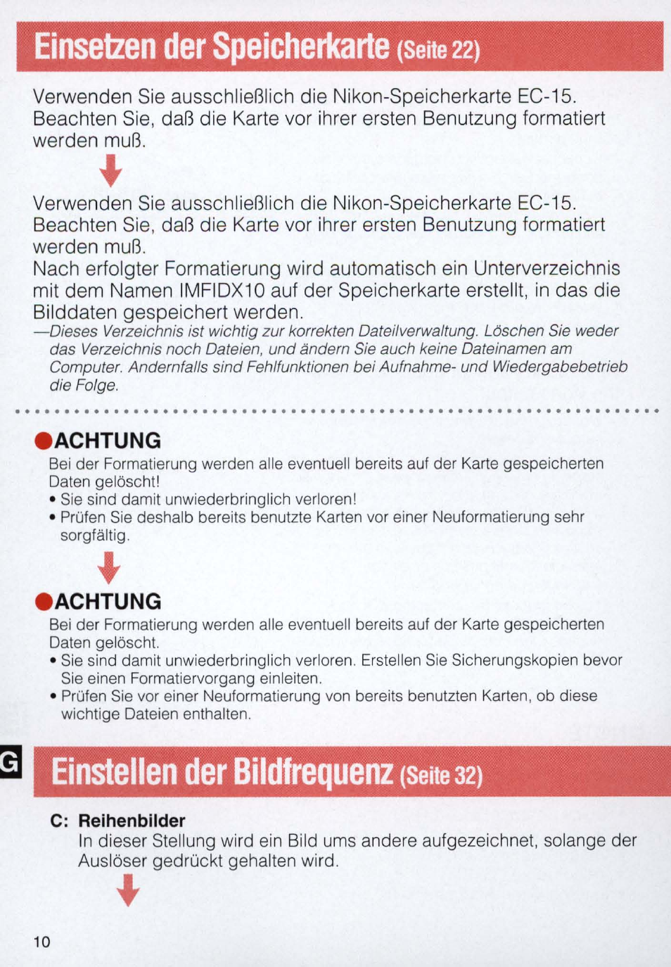 Einsetzen der speicherkarte (seite 22), Einsteilen der bildfrequenz (seite 32), Seite 22) | Seite 32), Einsetzen der speicherkarte, Einsteilen der bildfrequenz | Nikon E2N supplement User Manual | Page 10 / 24