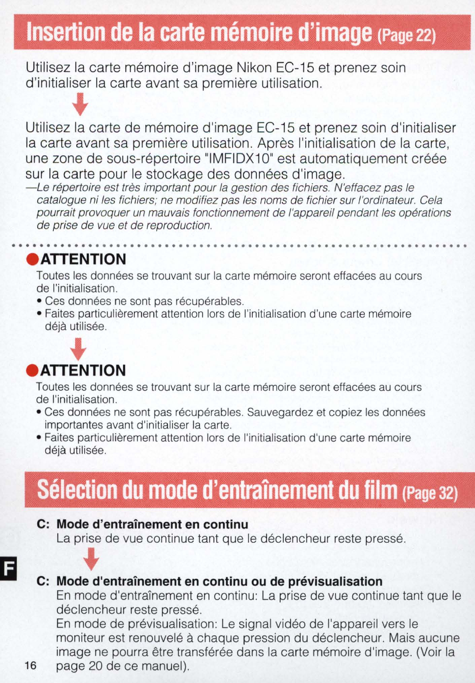 Page 22), Insertion de la carte mémoire d’image, Sélection du mode d’entraînement du film (page 32) | Nikon E2N supplement User Manual | Page 16 / 24