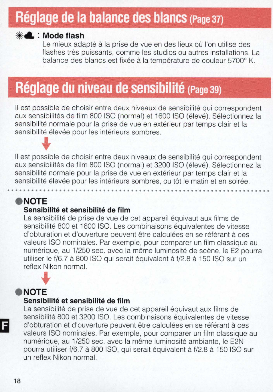 Réglage de la balance des blancs (page 37, Réglage du niveau de sensibilité (page 39) | Nikon E2N supplement User Manual | Page 18 / 24