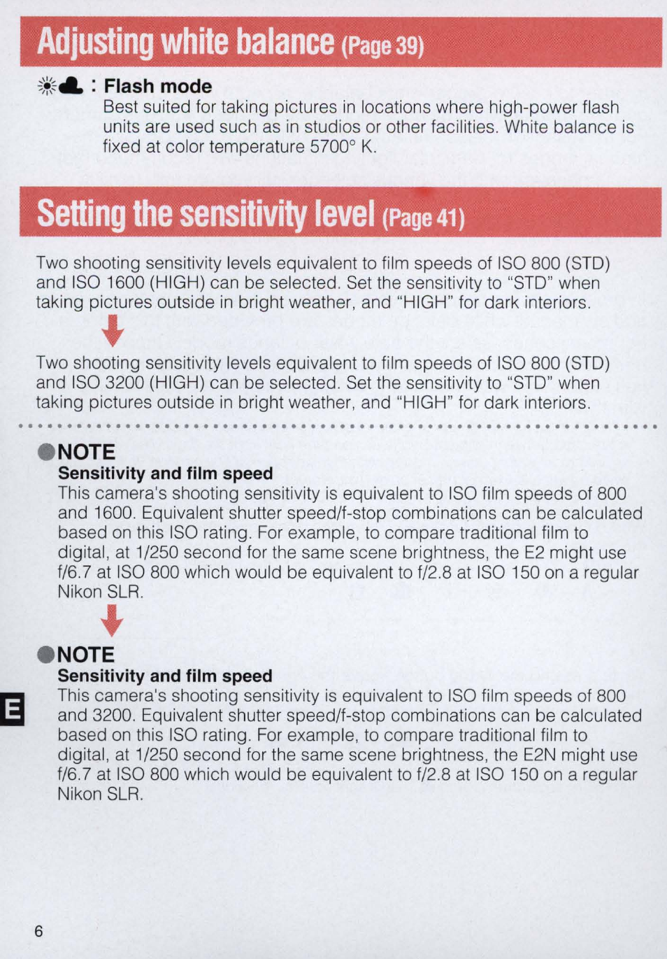 Adjusting white batanee (page 39), Setting the sensitivity level (page4i) | Nikon E2N supplement User Manual | Page 6 / 24