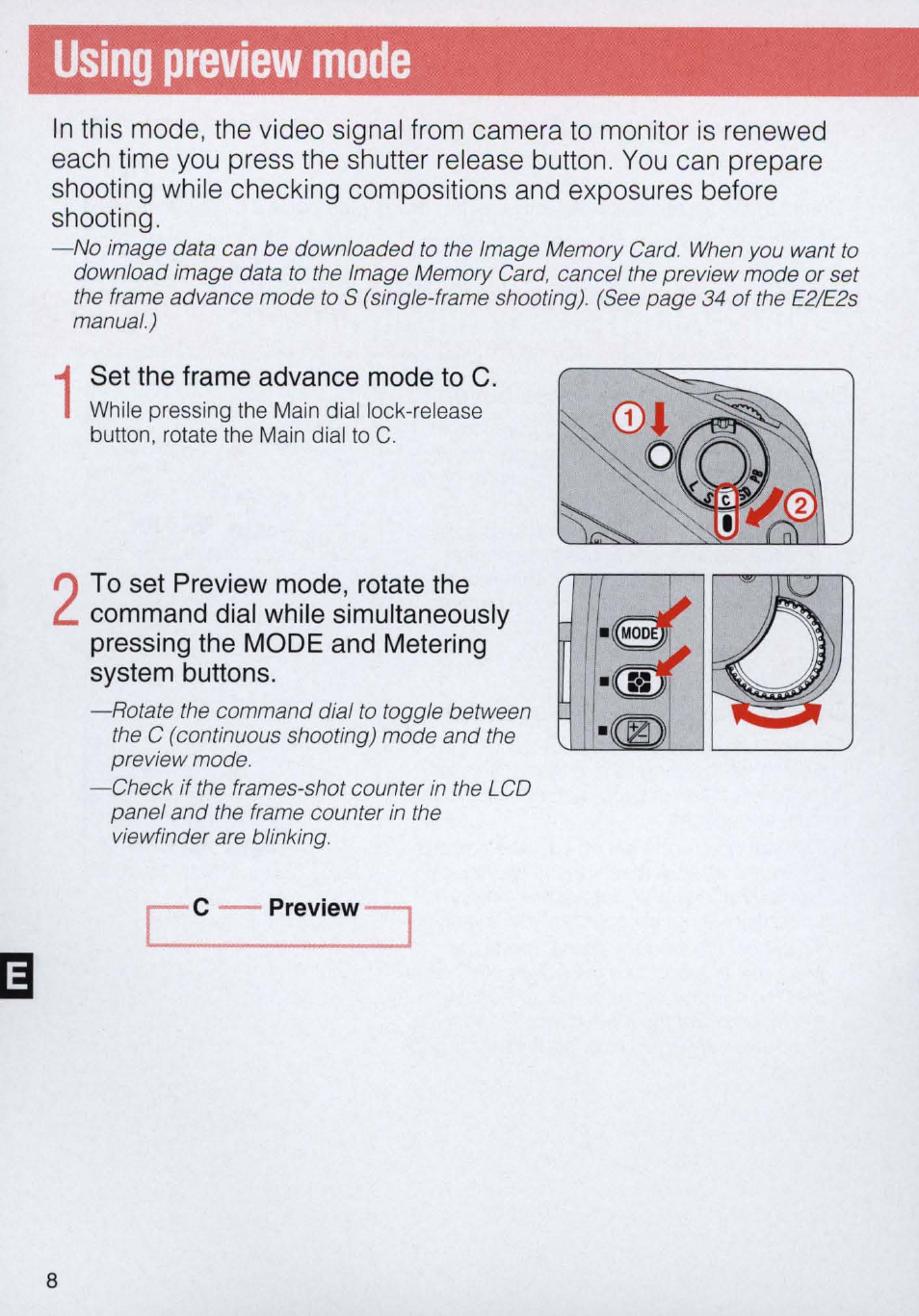 Using preview mode | Nikon E2N supplement User Manual | Page 8 / 24