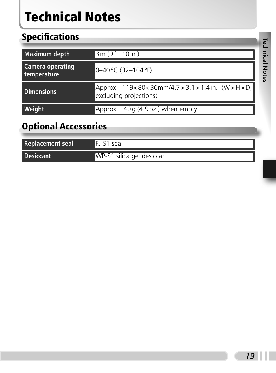Technical notes, Specifications, Optional accessories | Optional accessories specifi cations | Nikon FJ-CP1 S5 User Manual | Page 28 / 29