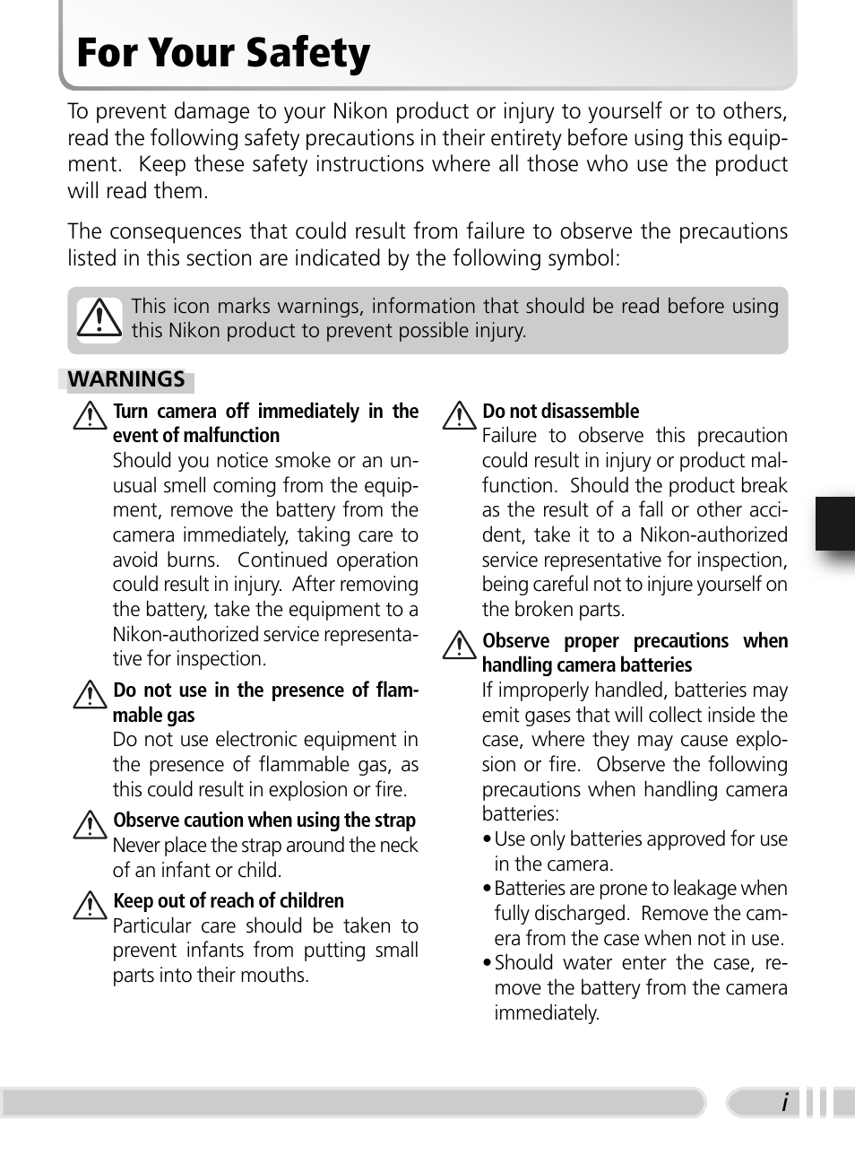 For your safety | Nikon FJ-CP1 S5 User Manual | Page 4 / 29