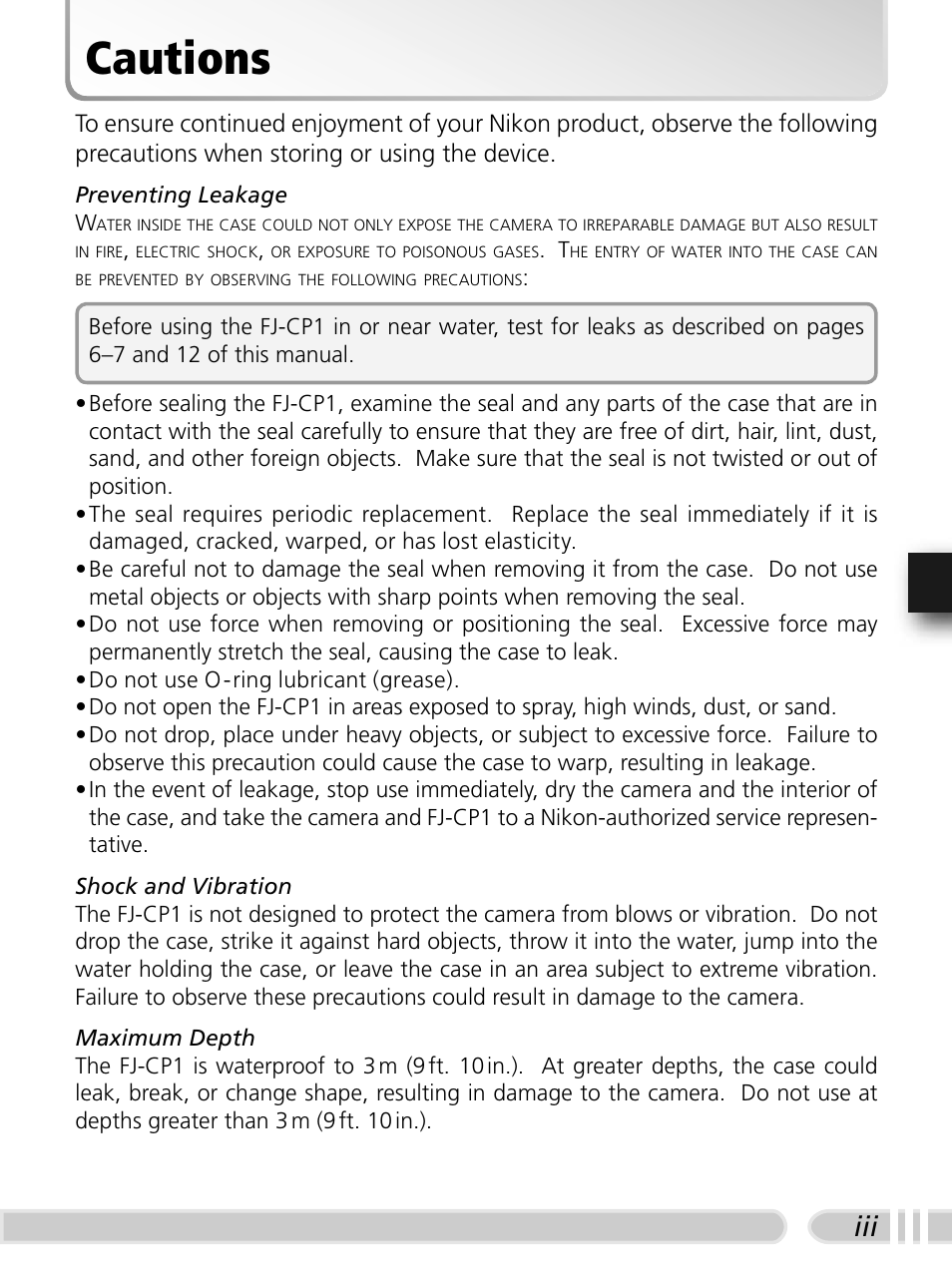Cautions | Nikon FJ-CP1 S5 User Manual | Page 6 / 29