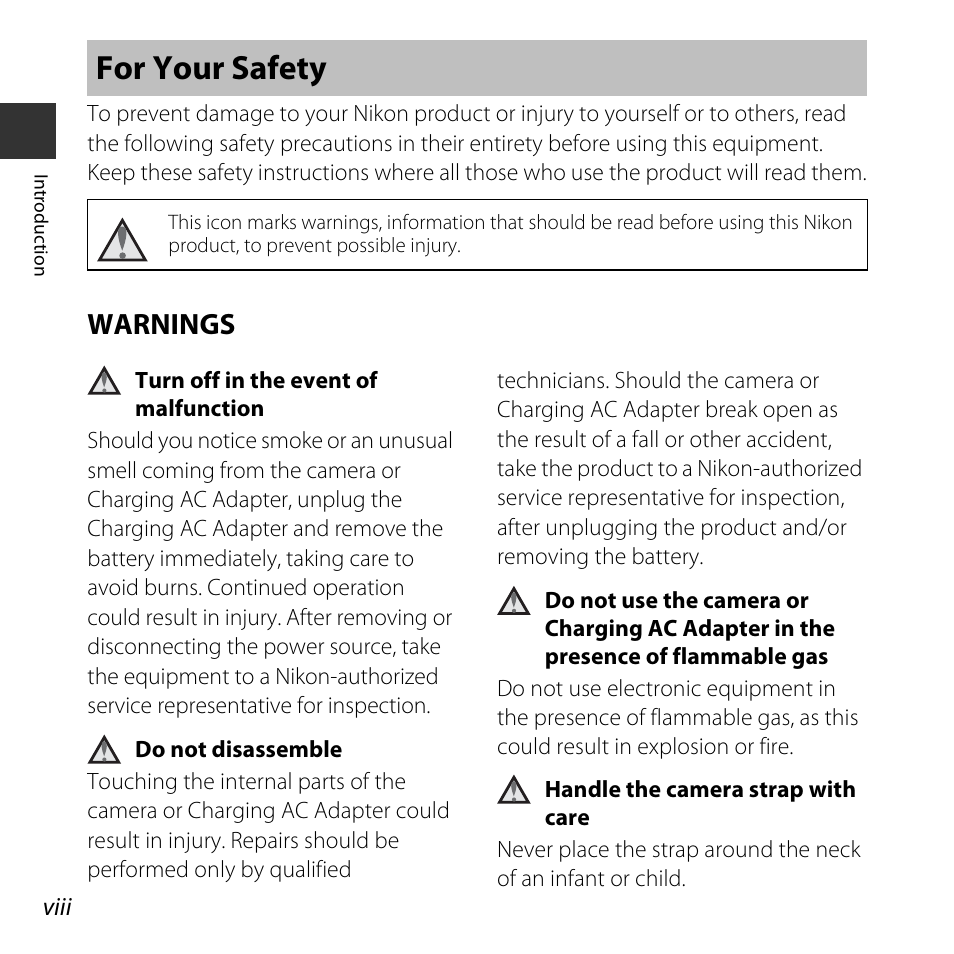 For your safety, Warnings, In “for your safety | A viii | Nikon S32 User Manual | Page 10 / 188