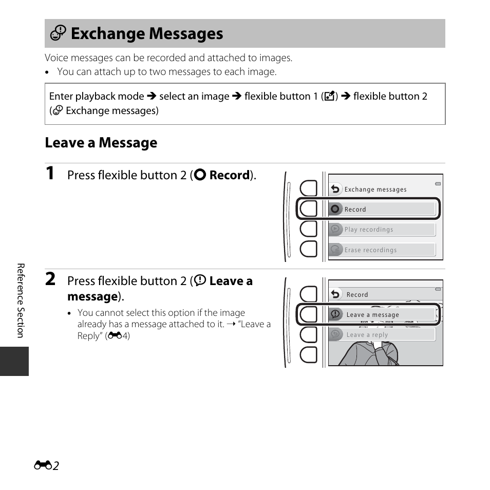 Have fun with pictures, Exchange messages, Leave a message | E exchange messages, Press flexible button 2 (q record ), Press flexible button 2 (i leave a message ) | Nikon S32 User Manual | Page 100 / 188