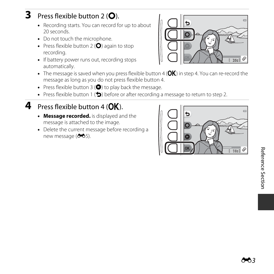 Press flexible button 2 (q), Press flexible button 4 (o) | Nikon S32 User Manual | Page 101 / 188