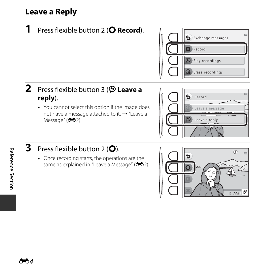 Leave a reply, Press flexible button 2 (q record ), Press flexible button 3 (j leave a reply ) | Press flexible button 2 (q) | Nikon S32 User Manual | Page 102 / 188