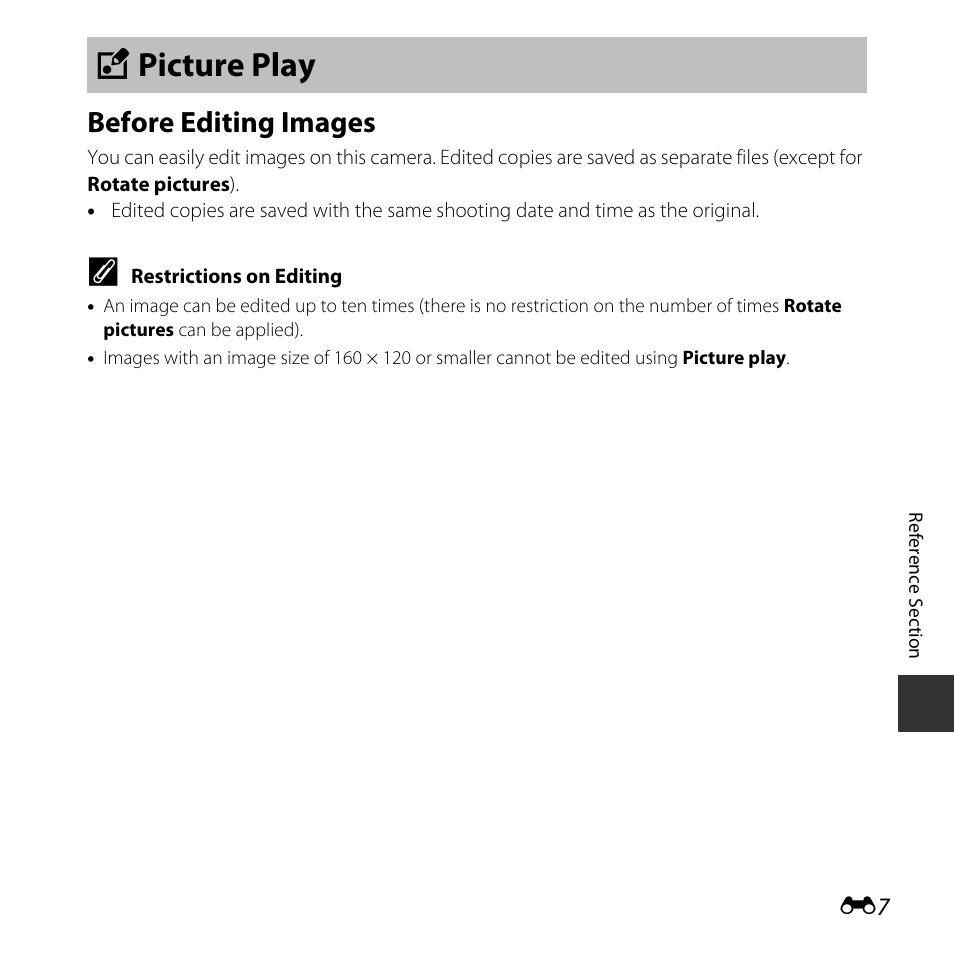 Picture play, Before editing images, V picture play | Nikon S32 User Manual | Page 105 / 188