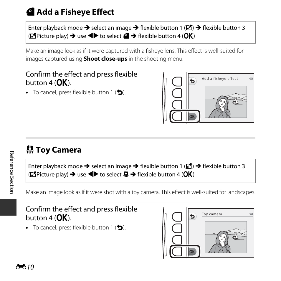 Add a fisheye effect, Toy camera, W add a fisheye effect | Z toy camera, Confirm the effect and press flexible button 4 (o) | Nikon S32 User Manual | Page 108 / 188