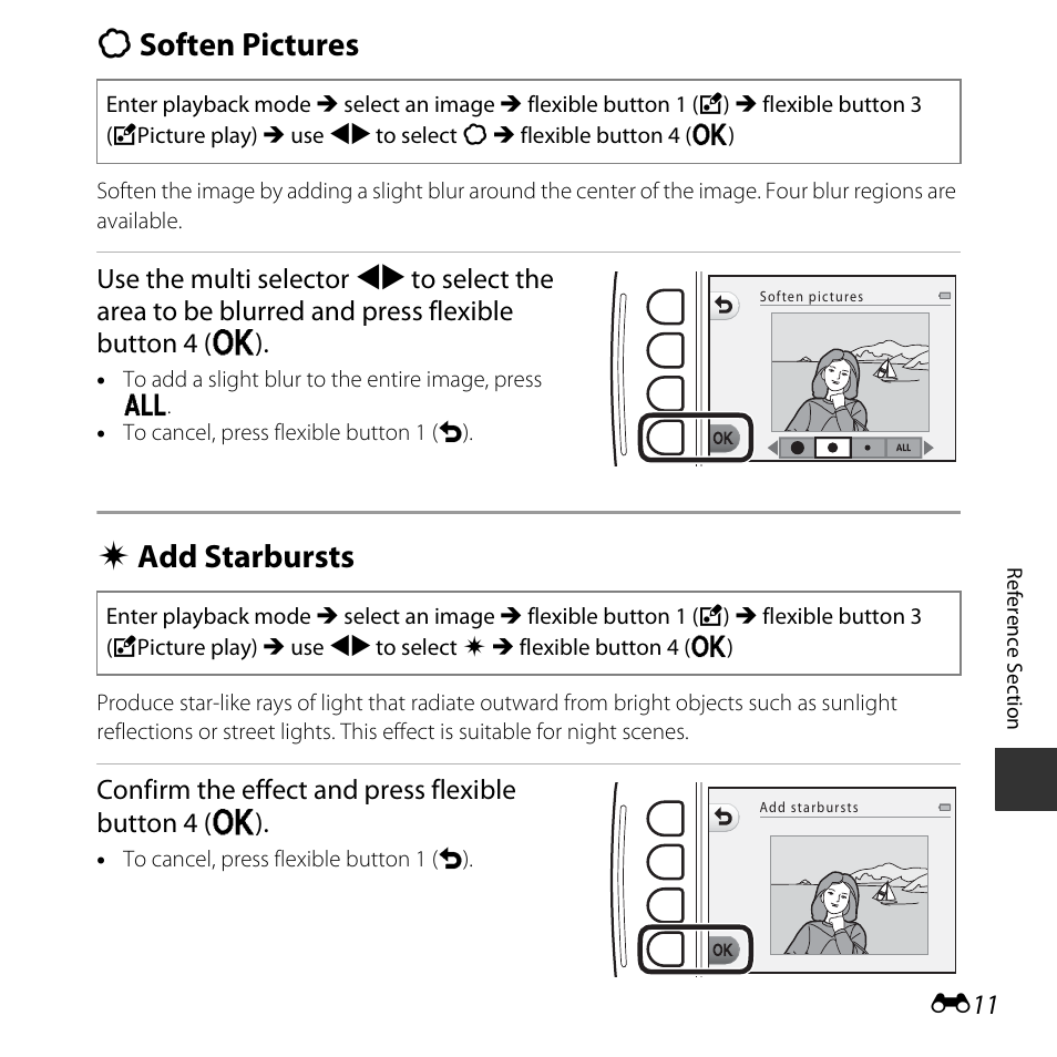 Soften pictures, Add starbursts, Q soften pictures | F add starbursts, Confirm the effect and press flexible button 4 (o) | Nikon S32 User Manual | Page 109 / 188